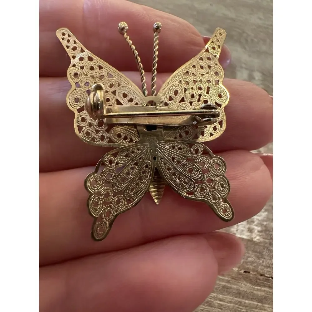Vintage Metal Filigree Gold tone Butterfly Brooch Lapel Pin